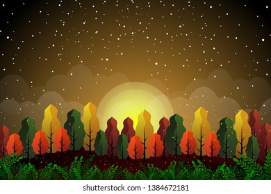 Abstract multicolored fantasy forest with mountain and full moon, fairy tale forest in flat design, beautiful vector illustrator