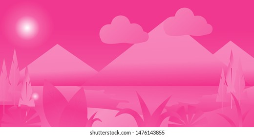 Abstract multicolored fantasy forest with river and mountain, fairy tale forest in flat design, beautiful vector illustrator.