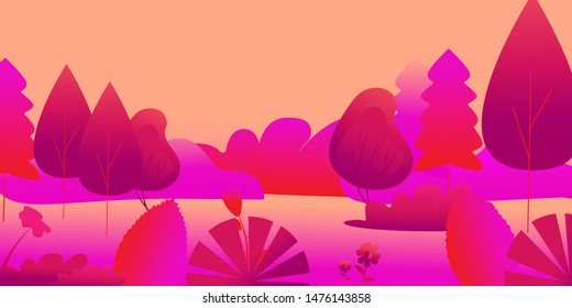 Abstract multicolored fantasy forest with river, fairy tale forest in flat design, beautiful vector illustrator.