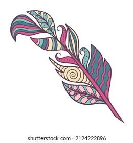 Abstract multicolored feather with ethnic patterns, zenart style, isolate on a white background