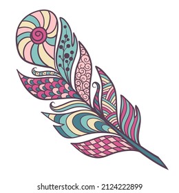 Abstract multicolored feather with ethnic patterns, zenart style, isolate on a white background