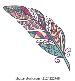 Abstract multicolored feather with ethnic patterns, zenart style, isolate on a white background