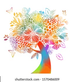 Abstract multi-colored flower tree with butterflies. Vector illustration