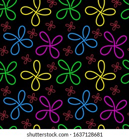 Abstract multicolored flowers background on black, seamless pattern, vector