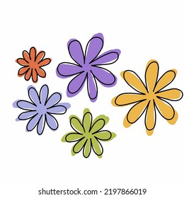 Abstract multicolored flowers. Flat vector illustration of blooming plants on white. Botanical elements for greeting card, design and packaging.