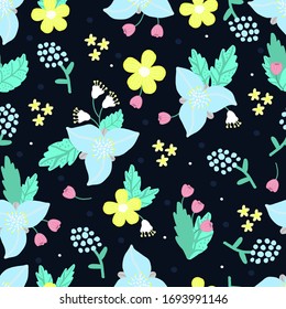 Abstract multicolored flowers. Seamless flower pattern on a dark background for textiles, fabrics, packaging paper, background, Wallpaper, covers, postcards, invitations, business cards.