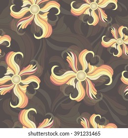 Abstract multicolored flowers, seamless pattern. Wallpaper, wrapper, fabric design, textile print, decoration. Vector illustration