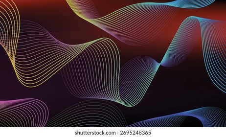 Abstract multicolored flowing lines art with red and black gradient background design for modern wallpaper and creative digital art projects
