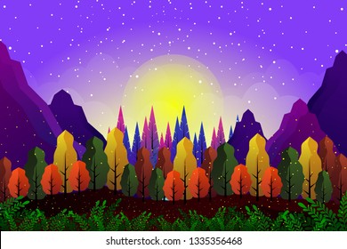 Abstract multicolored forest and garden with mountain in fairy tale in flat design, Beautiful vector illustrator modern concept
