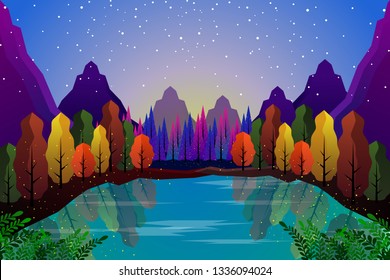 Abstract multicolored forest with mountain in fairy tale in flat design. Beautiful Purple sky sunset with garden vector illustrator modern concept