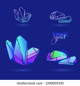 Abstract multicolored gem stones on blue background. Beautiful Hand drawn crystals. Set of rainbow linear and colorful crystals gems. Vector illustration. 
