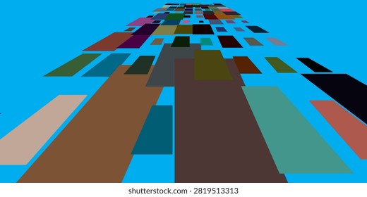 Abstract multicolored geometric blocks in perspective on blue background creating modern digital business design.
