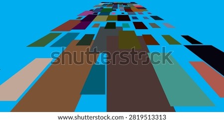 Abstract multicolored geometric blocks in perspective on blue background creating modern digital business design.