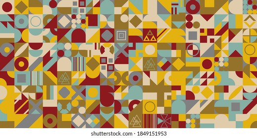 Abstract multicolored geometric pattern. Different geometric figures background. Flat minimal style. Template for your design, wallpaper, banner, poster, flyer