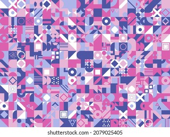 Abstract multicolored geometric pattern. Different geometric figures background. Flat minimal style. Template for your design, wallpaper, banner, poster, flyer