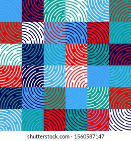 Abstract multicolored geometric seamless pattern of squares and concentric circles. Vector illustration.