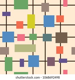 Abstract multicolored geometric shapes squares, rectangles and straight lines on a light beige background pattern. Vector pattern geometric shapes squares, rectangles and straight lines