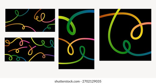 Abstractas líneas de cinta de degradado multicolor sobre fondo negro que crean una sensación de movimiento