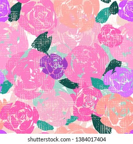 Abstract multi-colored hand painted roses with canvas texture effect. Seamless vector pattern. Great for home decor, apparel, stationery.