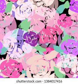 Abstract multi-colored hand painted roses on dark background with transparent layering effect. Seamless vector pattern. Great for home decor, apparel, stationery.