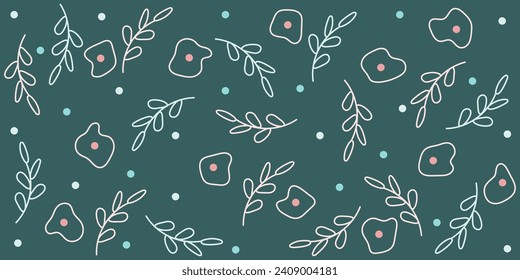 Abstract multicolored hand-drawn design with doodles branches, leaves, dots on green background. Bright pink and blue vector illustration for cards, business, banners, textile