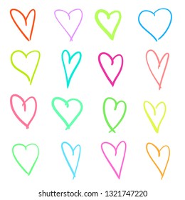 Abstract multicolored hearts on isolated white background. Hand drawn set. Line art . Colored illustration. Sketchy elements for poster or flyer