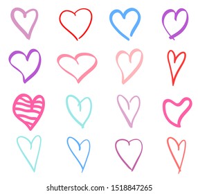 Abstract multicolored hearts on isolated white background. Hand drawn set. Line art creation. Colored illustration. Sketchy elements for your design