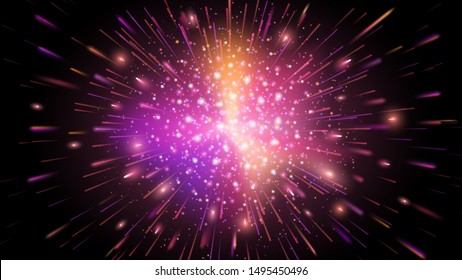 Abstract multicolored holiday background. Vector. Bright burst of festive fireworks. Lights and luminous particles. Glow effect, energy and movement. Substrate for New Year's cards and holiday events.