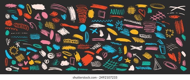 Abstract multicolored irregular strike-through strokes on black background. Hand-drawn in linear minimalist style perfect for creative designs and needs