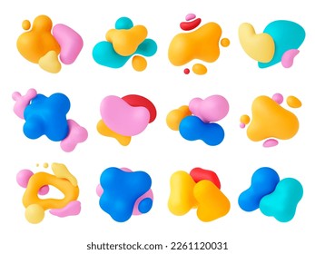 Abstract multicolored liquid 3d shapes render. Colourful 3d plasticine splash, sphere shapes and blob elements. Isolated floating pithy vector set