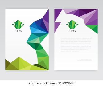 Abstract multicolored low poly style brochure and letterhead template mockups with triangular frog logo design element for corporate identity