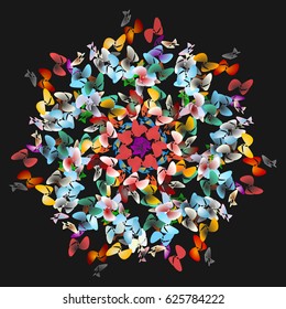 Abstract multicolored mandala with unusual geometrical shapes isolated on black background. Kaleidoscope effect. Arabic, Indian, ottoman motifs.