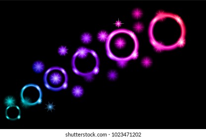 Abstract, multicolored, neon, bright, glowing circles, balls, bubbles, planets with stars on a black background of space. The background. Vector illustration.