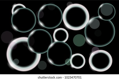 Abstract, multicolored, neon, shiny, bright, black and white, glowing circles, balls, bubbles, light spots with bokeh effect on a black background. Vector illustration.
