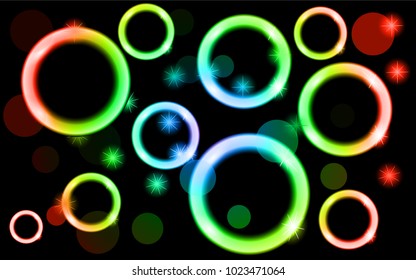 Abstract, multicolored, neon, shiny, bright, glowing circles, balls, bubbles, light spots with stars on a black background. Vector illustration.