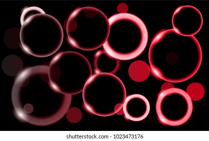 Abstract, multicolored, neon, shiny, bright, red, glowing circles, balls, bubbles, light spots with bokeh effect with stars on a black background. Vector illustration.