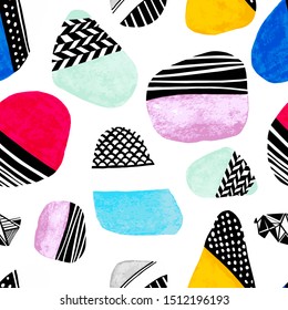 Abstract multicolored painted rocks. Minimalistic style. Seamless pattern on white background.
