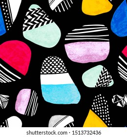 Abstract multicolored painted rocks. Minimalistic style. Seamless pattern on black background.