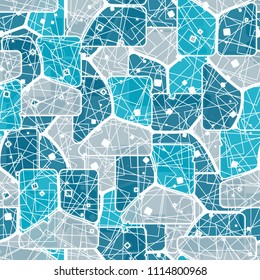 Abstract multicolored pattern in camouflage style. At the heart of this texture is a square divided into three parts. The picture is covered by a network of regular rectangles.