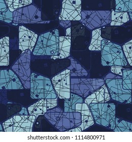 Abstract multicolored pattern in camouflage style. At the heart of this texture is a square divided into three parts. The picture is covered by a network of regular rectangles.