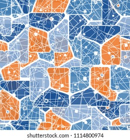 Abstract multicolored pattern in camouflage style. At the heart of this texture is a square divided into three parts. The picture is covered by a network of regular rectangles.