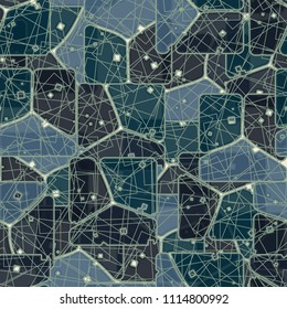 Abstract multicolored pattern in camouflage style. At the heart of this texture is a square divided into three parts. The picture is covered by a network of regular rectangles.