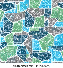 Abstract multicolored pattern in camouflage style. At the heart of this texture is a square divided into three parts. The picture is covered by a network of regular rectangles.