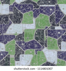 Abstract multicolored pattern in camouflage style. At the heart of this texture is a square divided into three parts. The picture is covered by a network of regular rectangles.