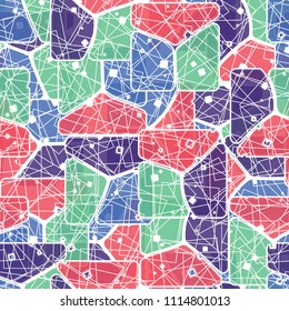 Abstract multicolored pattern in camouflage style. At the heart of this texture is a square divided into three parts. The picture is covered by a network of regular rectangles.