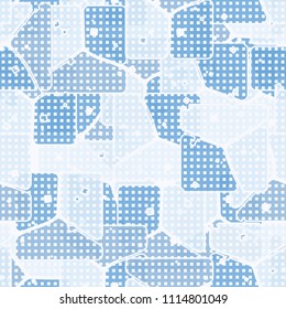 Abstract multicolored pattern in camouflage style. At the heart of this texture is a square divided into three parts. The picture is covered with a network of small squares.