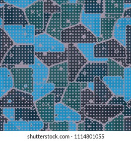 Abstract multicolored pattern in camouflage style. At the heart of this texture is a square divided into three parts. The picture is covered with a network of small squares.