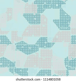 Abstract multicolored pattern in camouflage style. At the heart of this texture is a square divided into three parts. The picture is covered with a network of small squares.