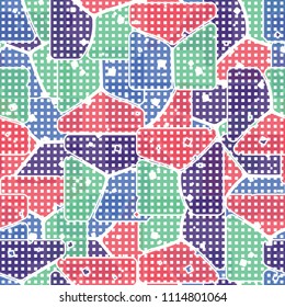 Abstract multicolored pattern in camouflage style. At the heart of this texture is a square divided into three parts. The picture is covered with a network of small squares.