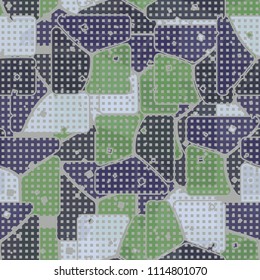Abstract multicolored pattern in camouflage style. At the heart of this texture is a square divided into three parts. The picture is covered with a network of small squares.